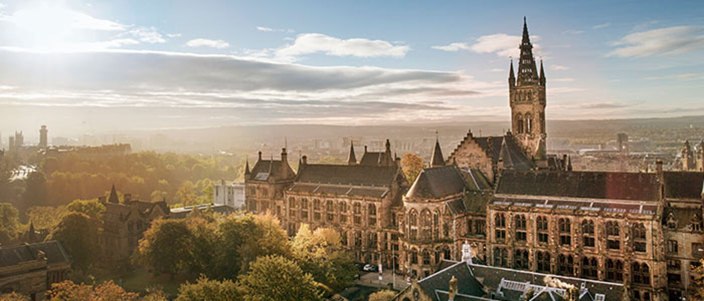 The main building of the university with the south of Glasgow behind it
