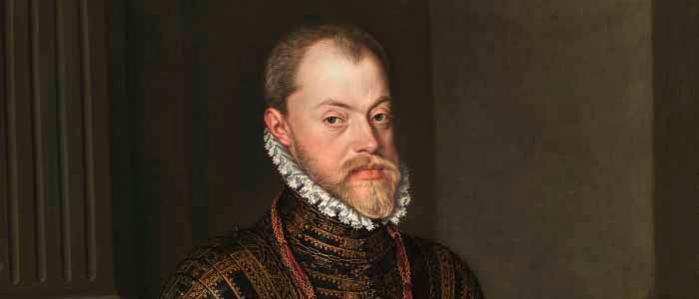 A section of a portrait of Phillip II of Spain, oil on canvas, painted by Alonso Sanchez Coello