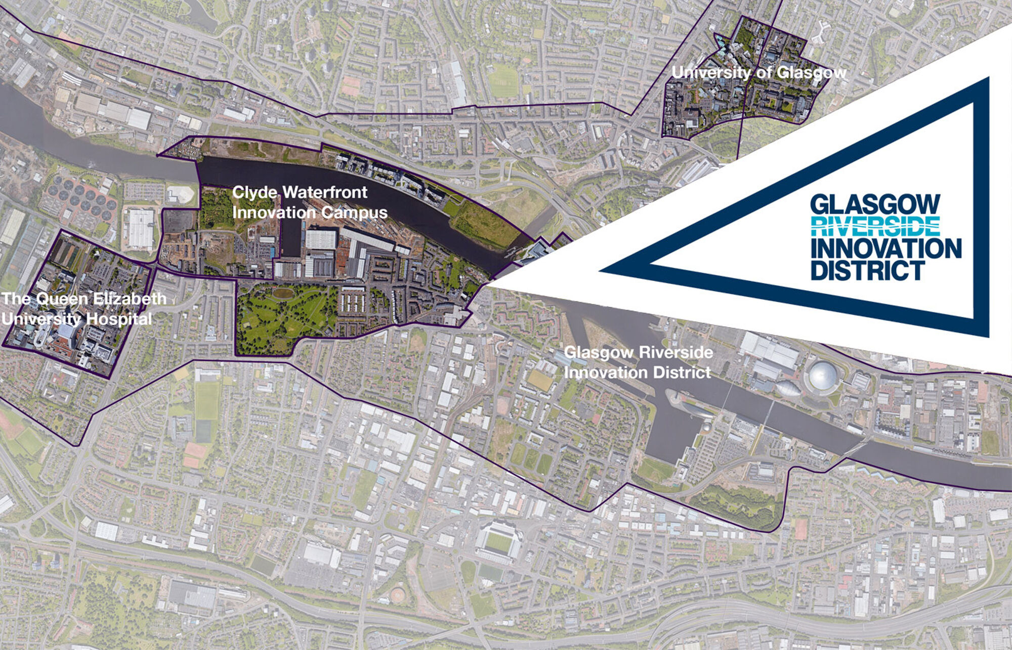 Aerial shot of Glasgow showing GRID locations with GRID logo