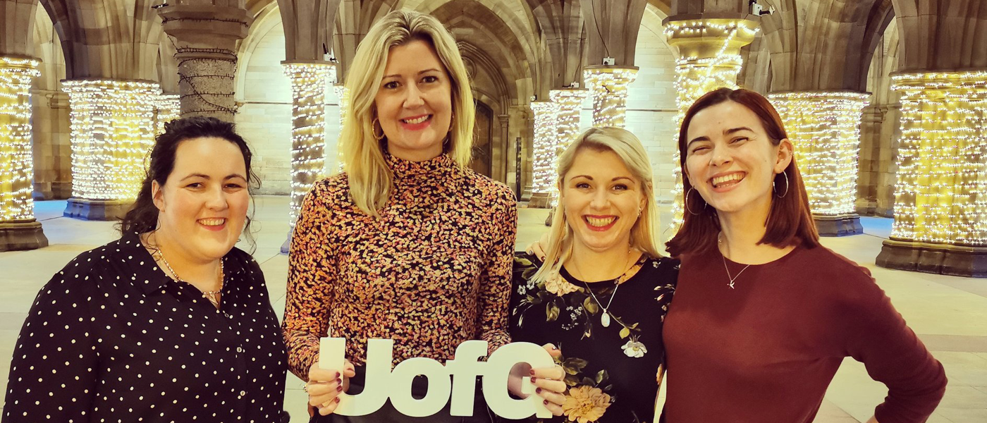 The student communications team in the cloisters
