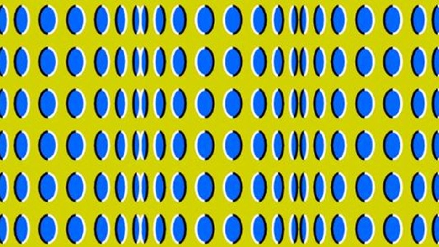 abstract painting of blue circles seen at different angles in three separate bright yellow sections, arranged in such a manner that the three sections seems to be 3-dimensional cylinders moving towards each other