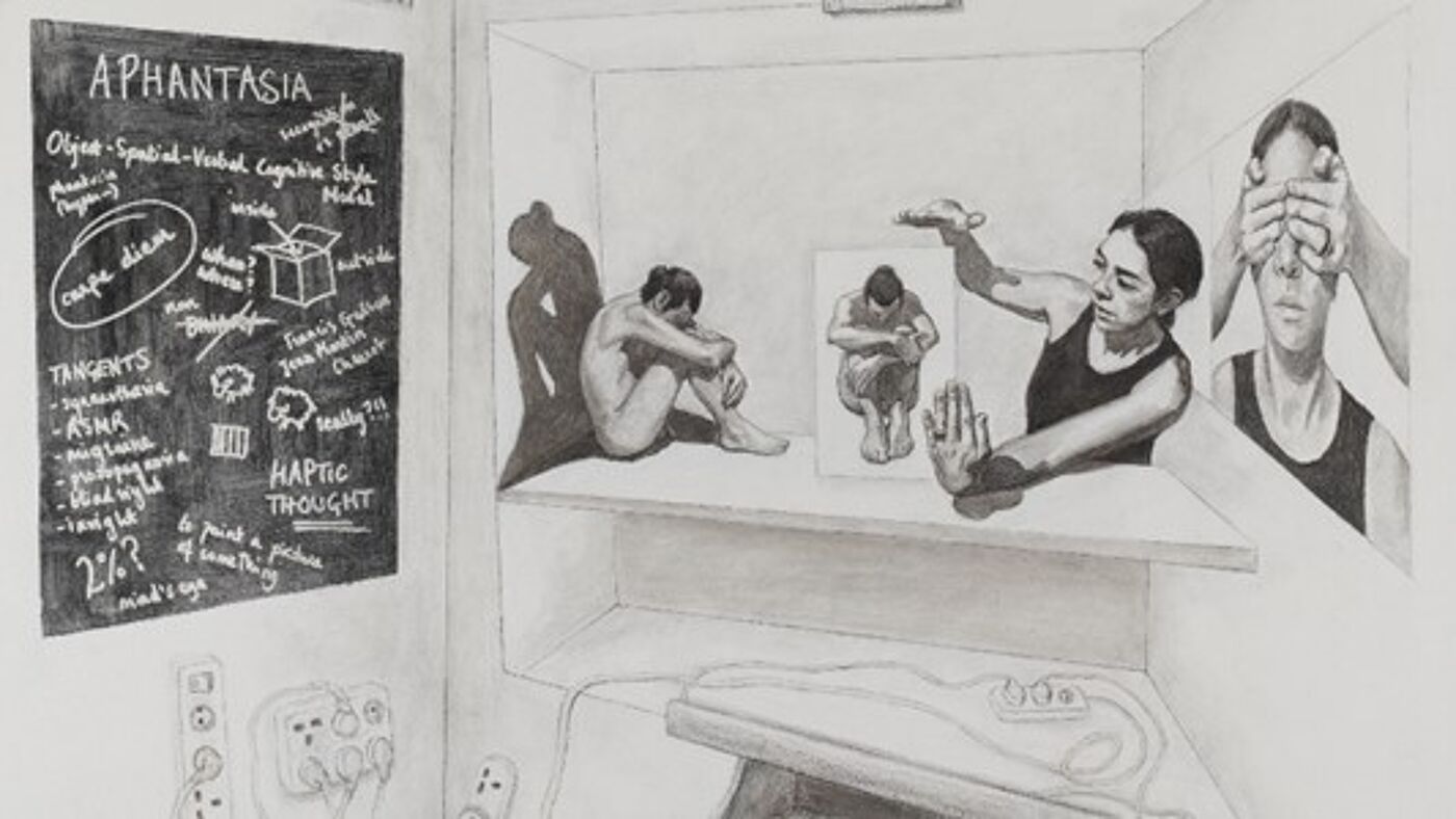 a crop from a charcoal drawing with hands over a woman's eyes, a chalkboard with key words and a nude in fetal position