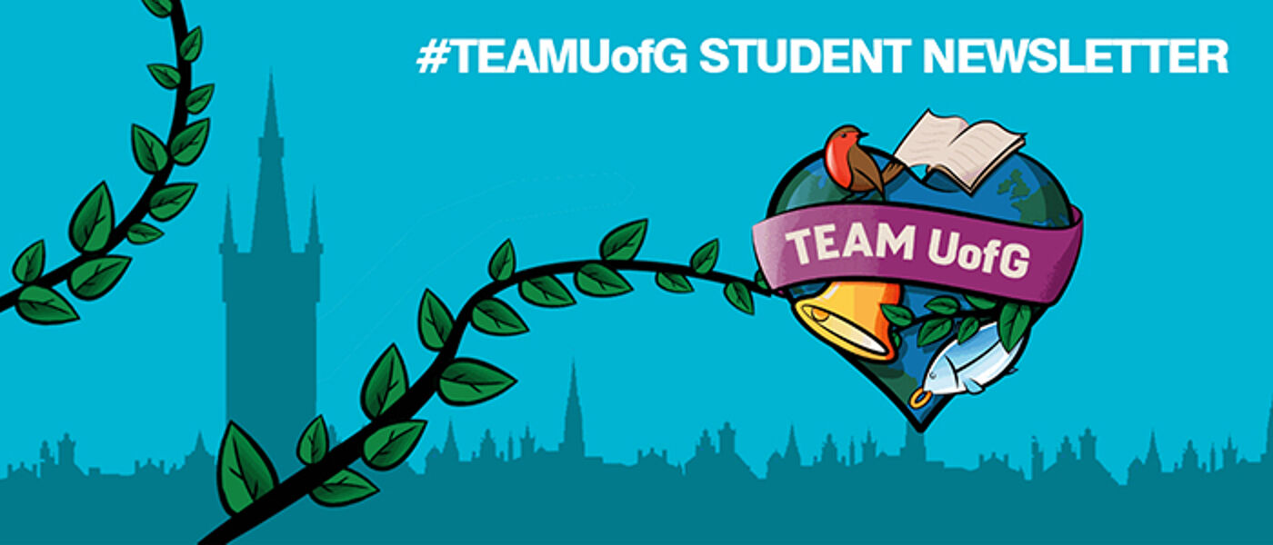 Student Newsletter Web Header; text reads #TeamUofG Student newsletter, on a blue background with