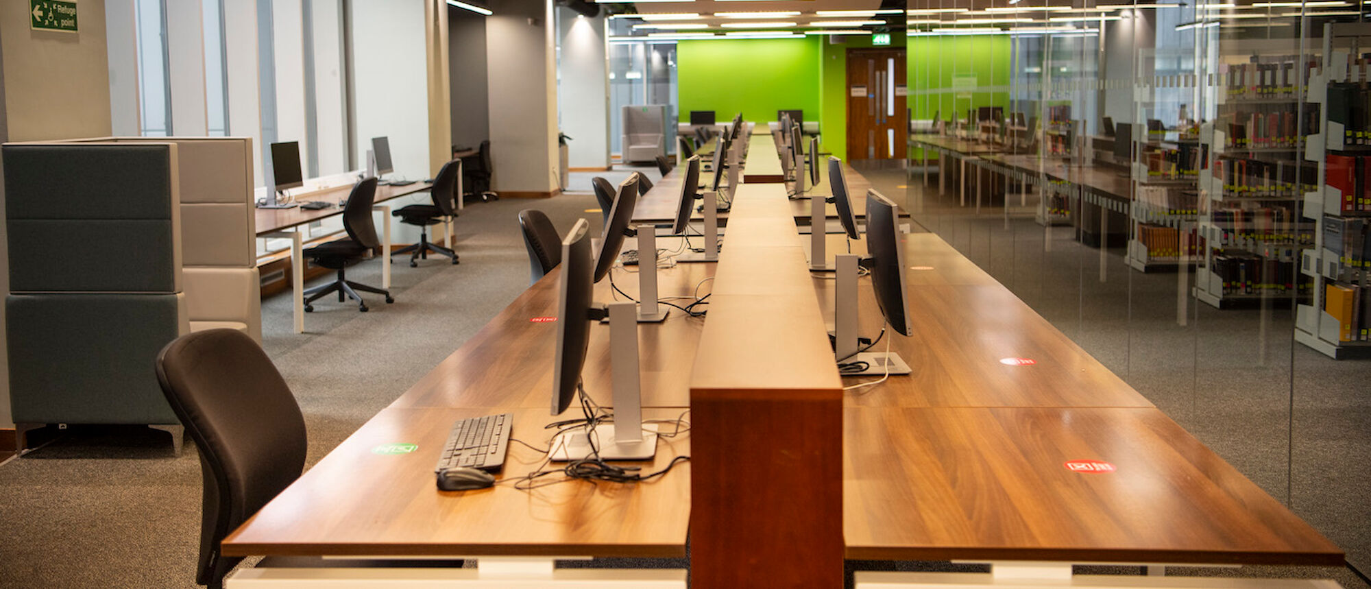 Desks and computers in the Main Library.