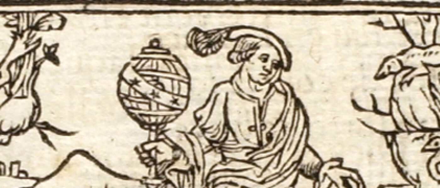 Early Modern man holding armilar sphere; ‘Foy charité & esperance’, Gilles Corrozet, Hecatomgraphie (Paris: Denis Janot, 1540), University of Glasgow Library, S.M. Add. 385, cropped.