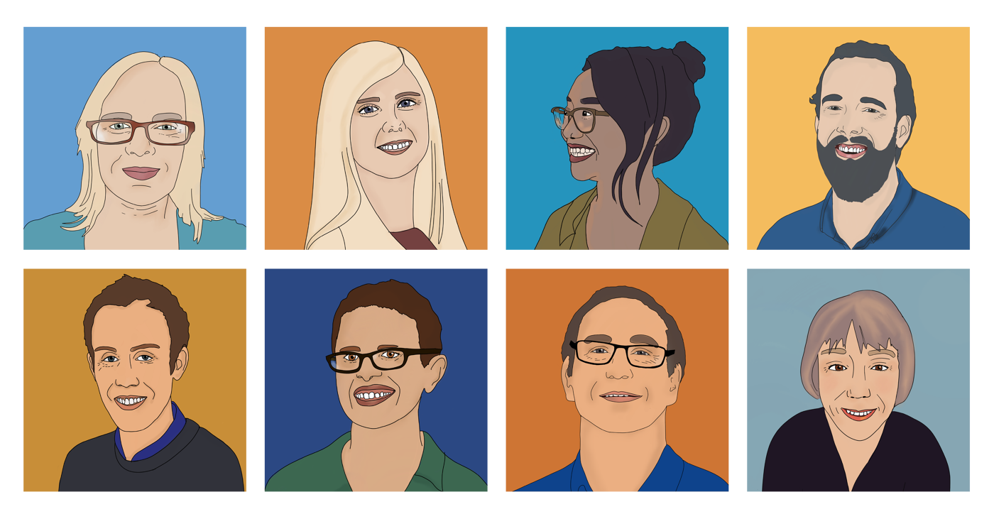 Two rows of simple illustrations of people on either yellow or blue background
