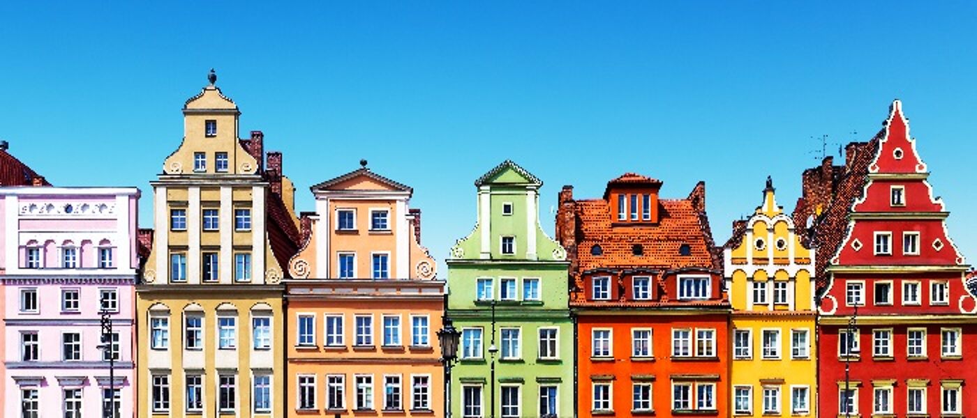 Row of buildings with multicoloured facades