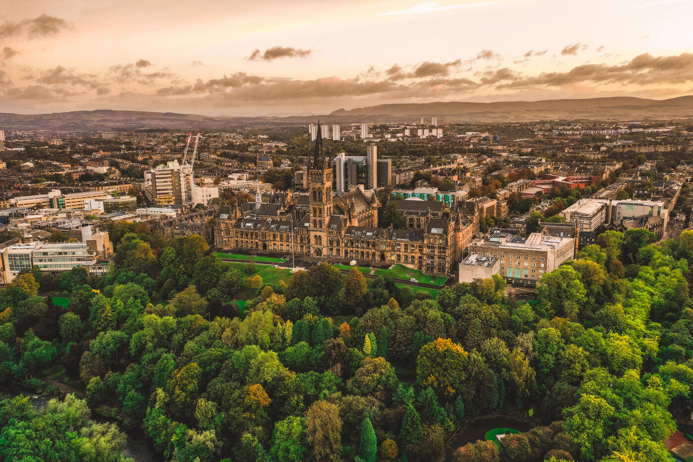 Gilbert Scott building, the photo is taken from the south using a drone