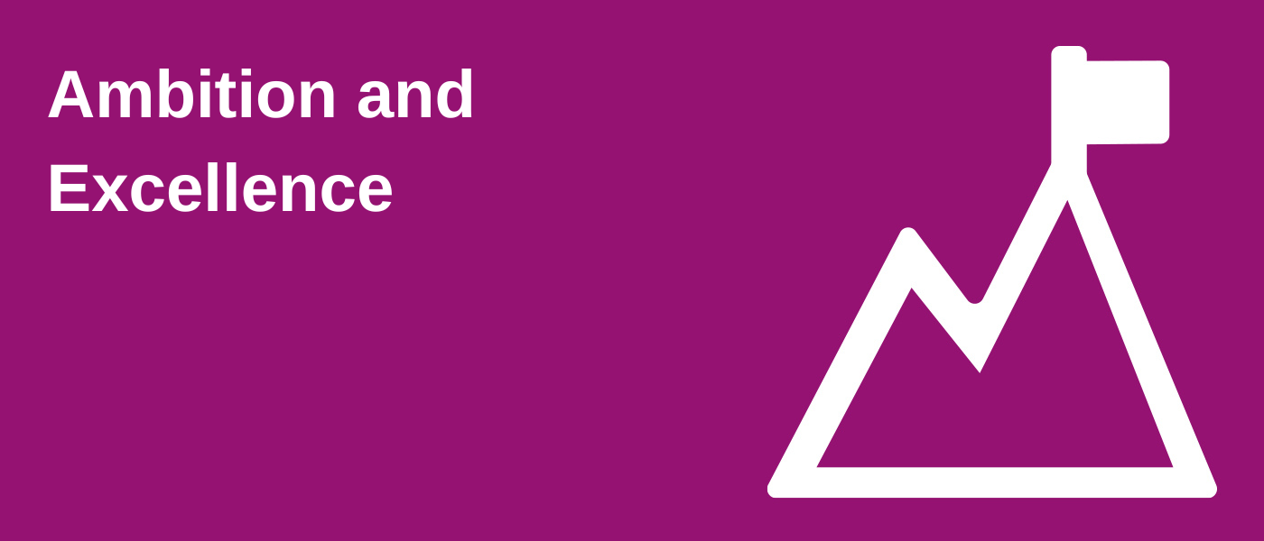 A mountain with a flag on top with the words Ambition and Excellence