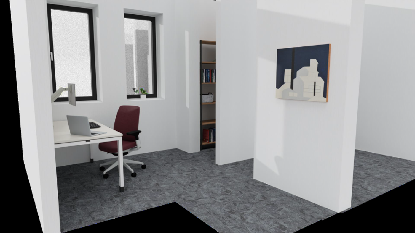 White room with desk and chair in top left corner