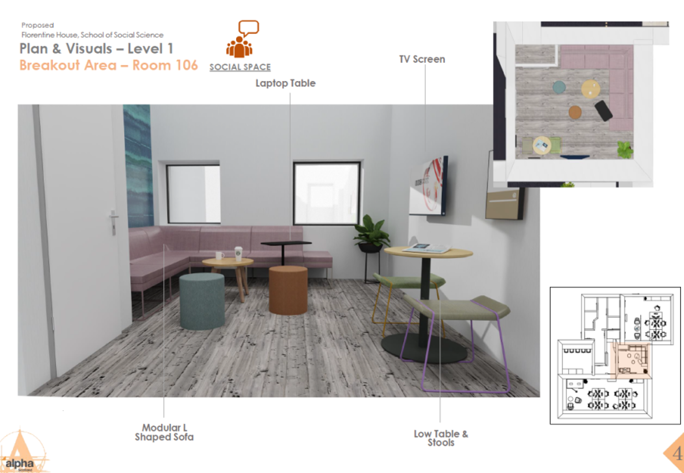 Artis impression of social space with comfortable corner seating and high table and stools