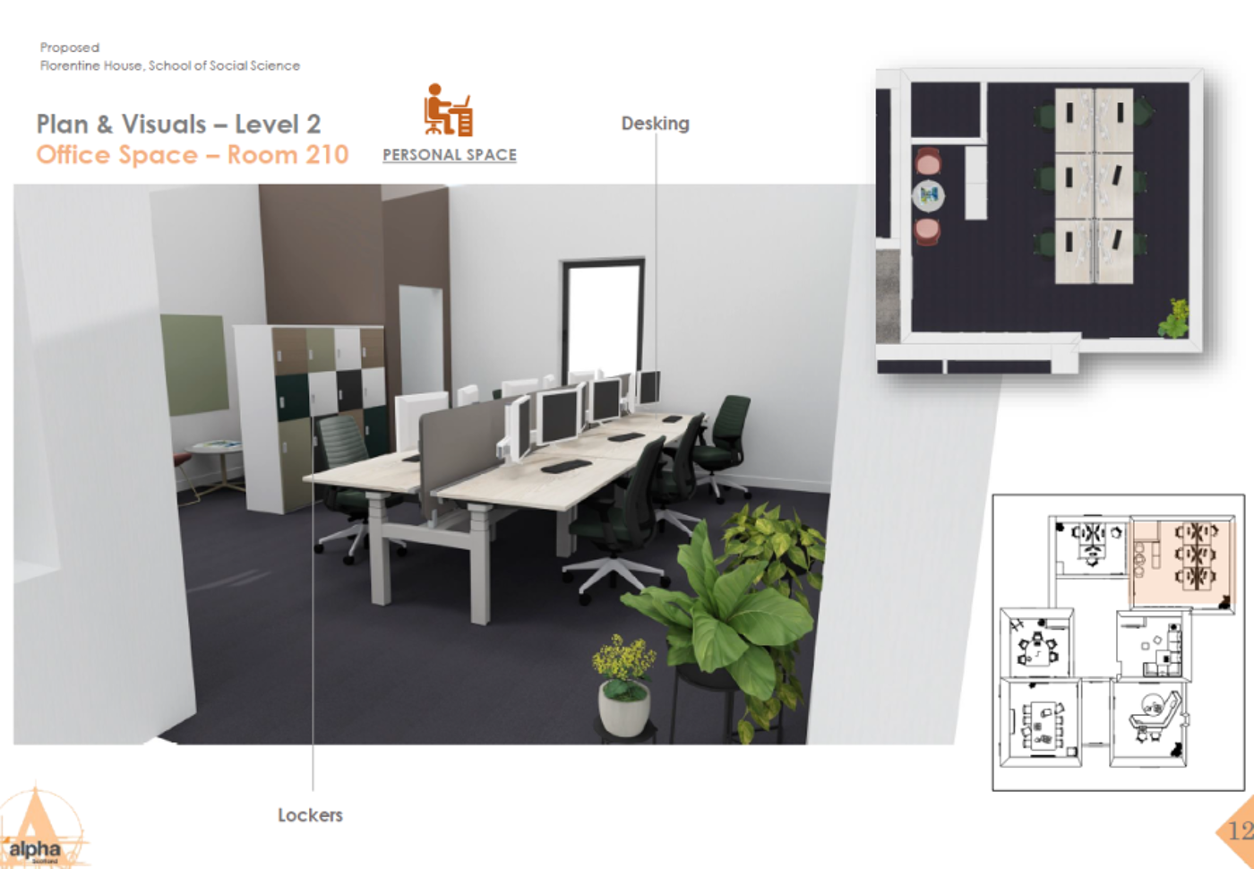 Workspace with banks of desks seating 6 with dual screens and chairs, lockers to the left