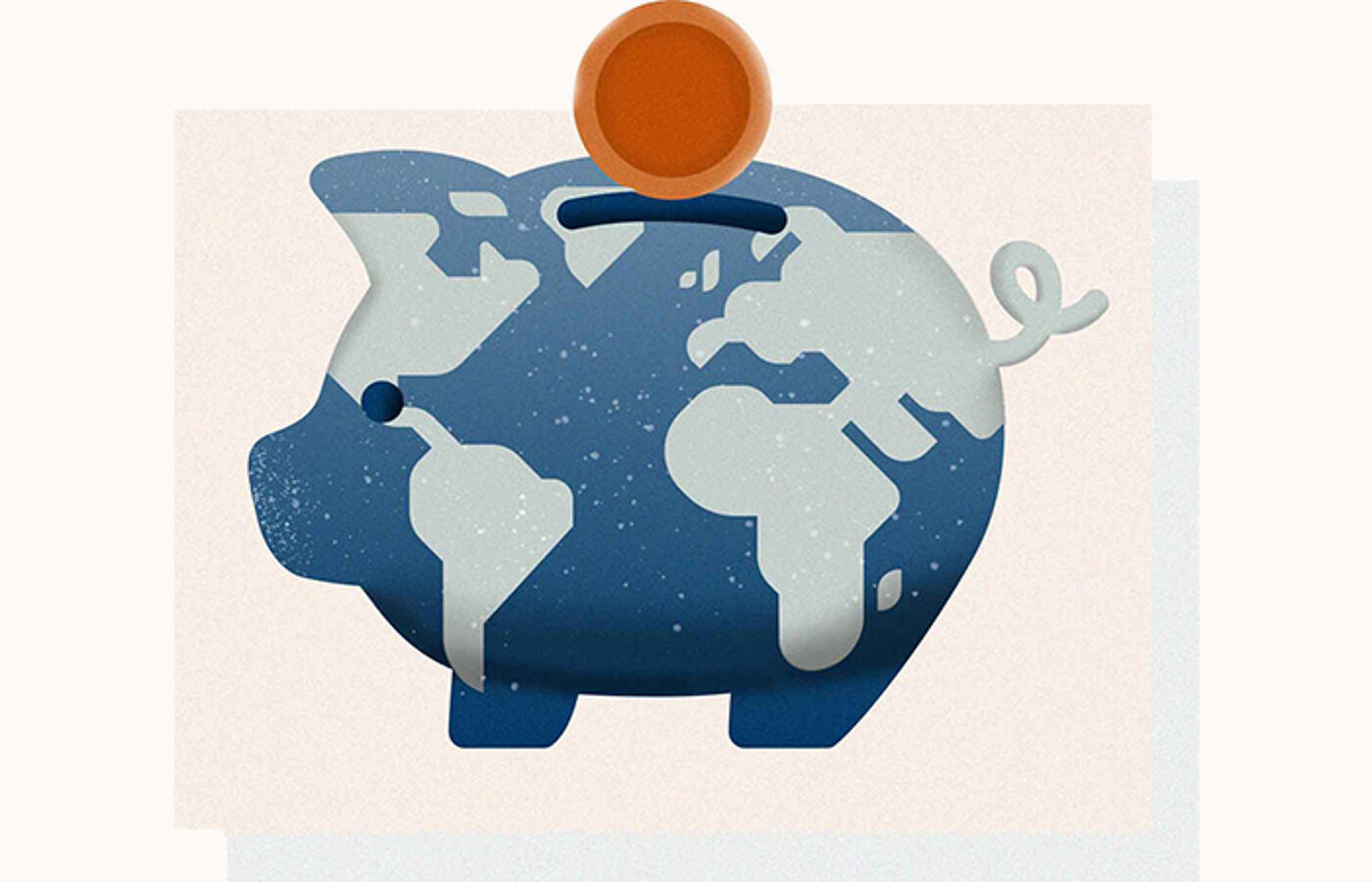 A piggy bank with a coin put into with the piggy bank having the world on it