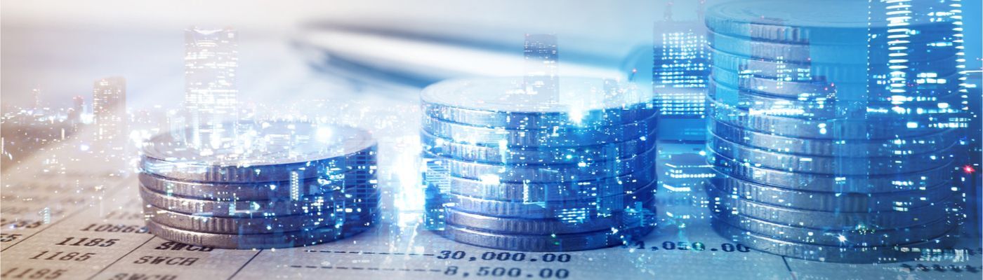 Coins with digital city overlay