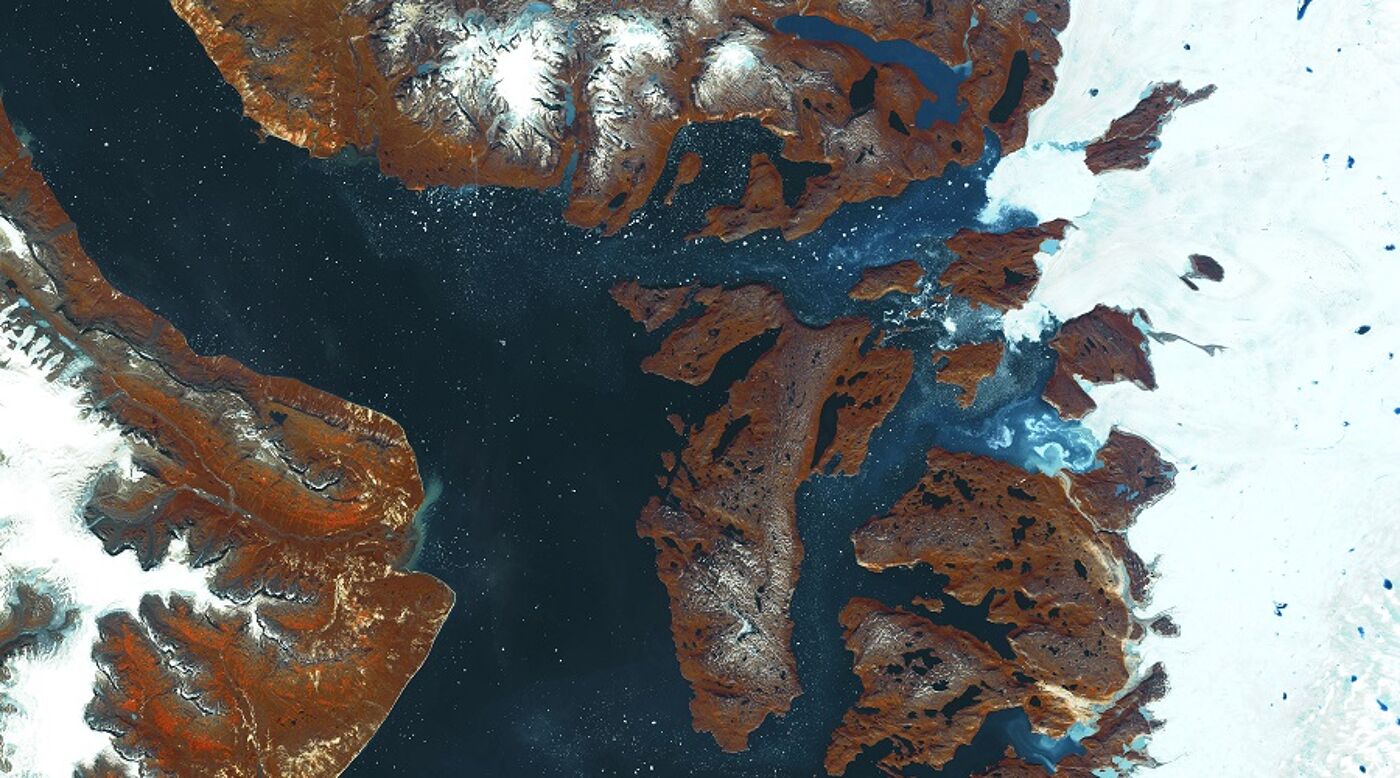 Satellite image of land, ocean and floating ice