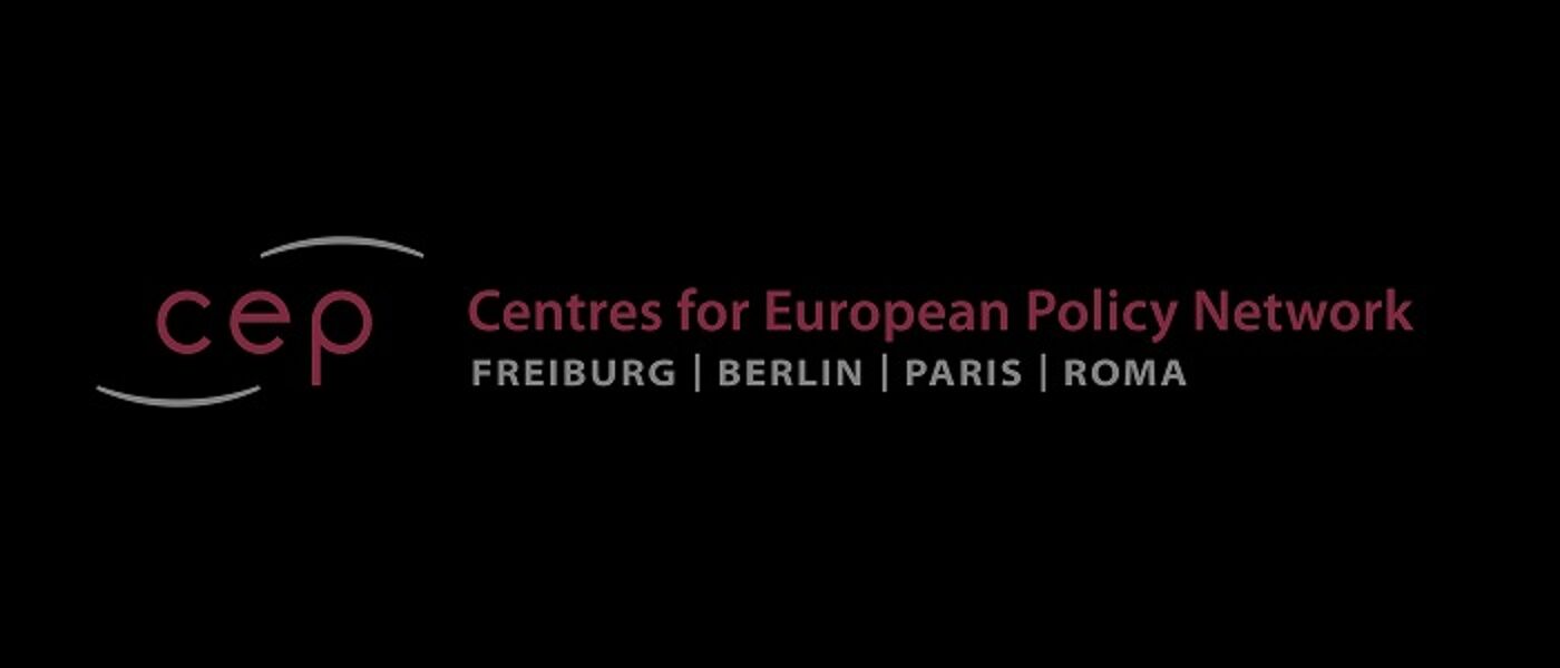 Black backgound with words 'CEP, Centres for European Policy Network', and the names of these cities: Freiburg, Berlin, Paris, Roma 