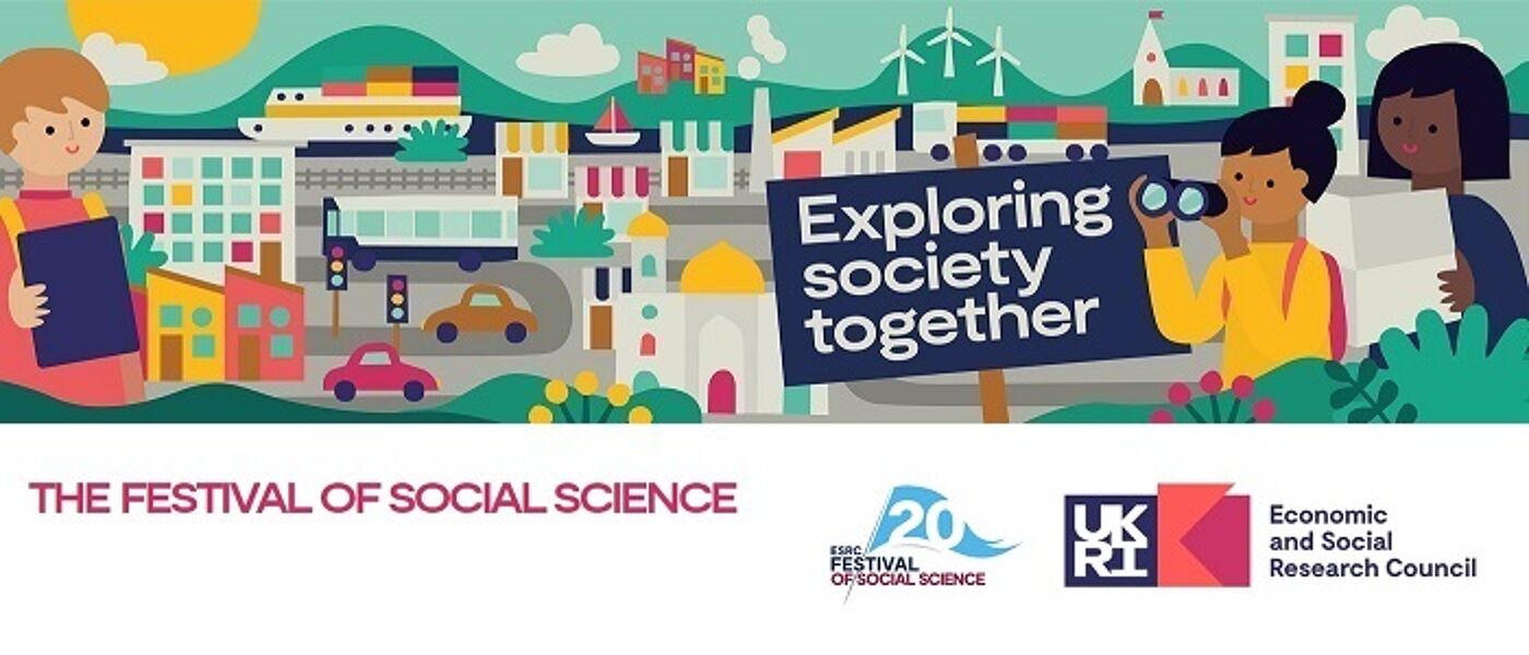 Cartoon graphic advertising the ESRC Festival of Social Science with the text 'Exploring Society Together. The 2022 Festival of Social Science' and logos of the ESRC and the UKRI Economic and Social Research Council.