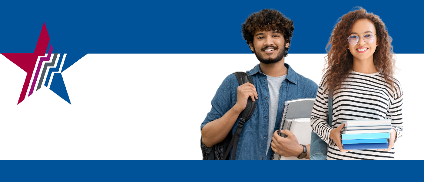 Two happy students holding books with the graduate skills award banner