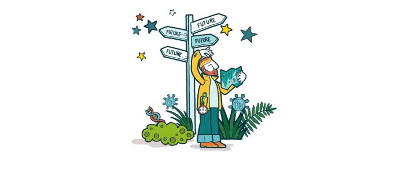 Cartoon man holding a map next to a signpost saying Future, surrounded by STEM icons such as DNA, stars and viruses.