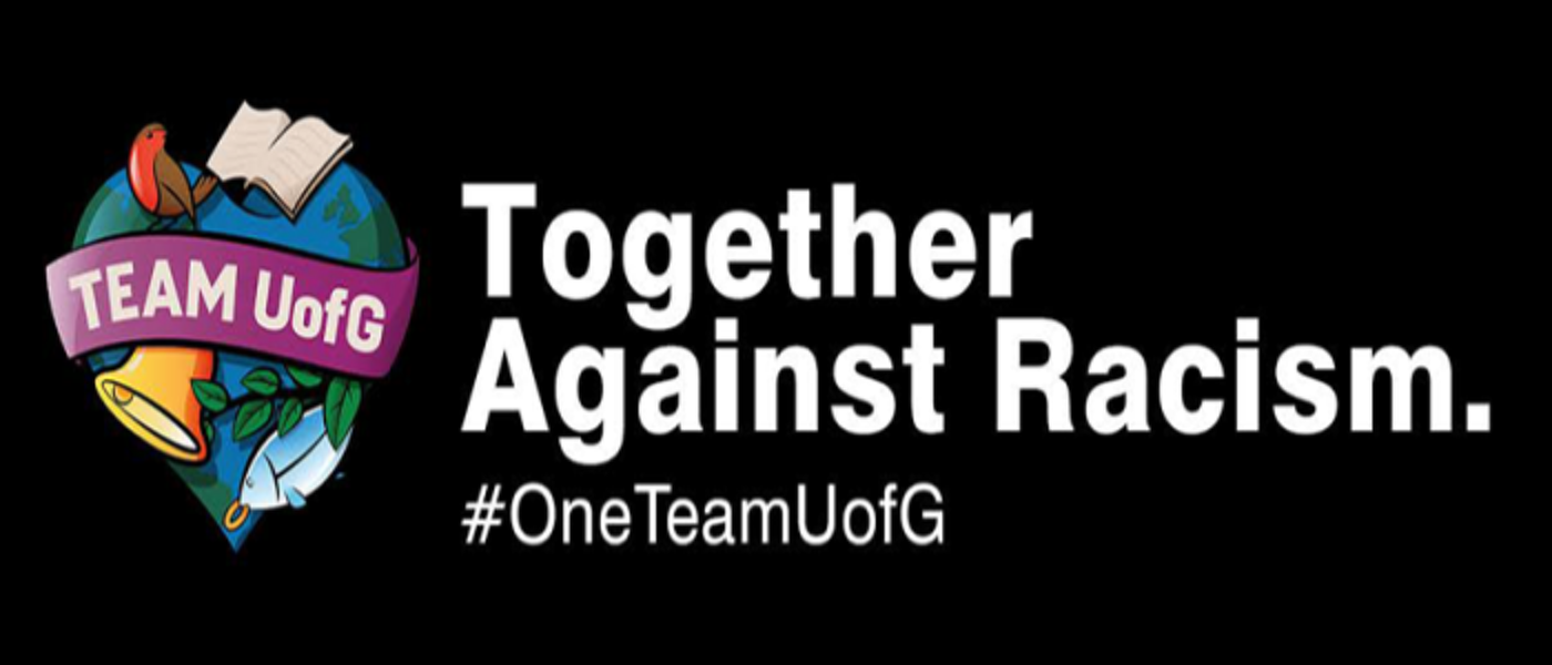 Black banner with text Together Against Racism #OneTeamUofG
