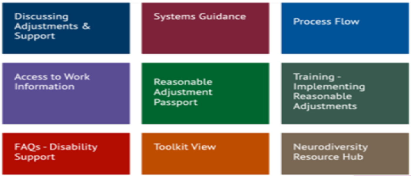 Screenshot of the tiles from the support for disabled and neurodivergent colleagues portal webpage
