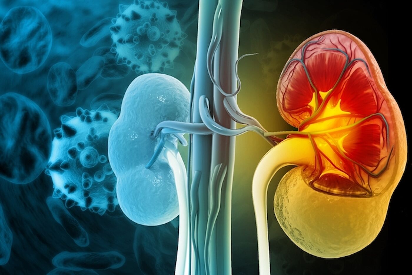 A cartoon image of kidneys one in blue and one in red