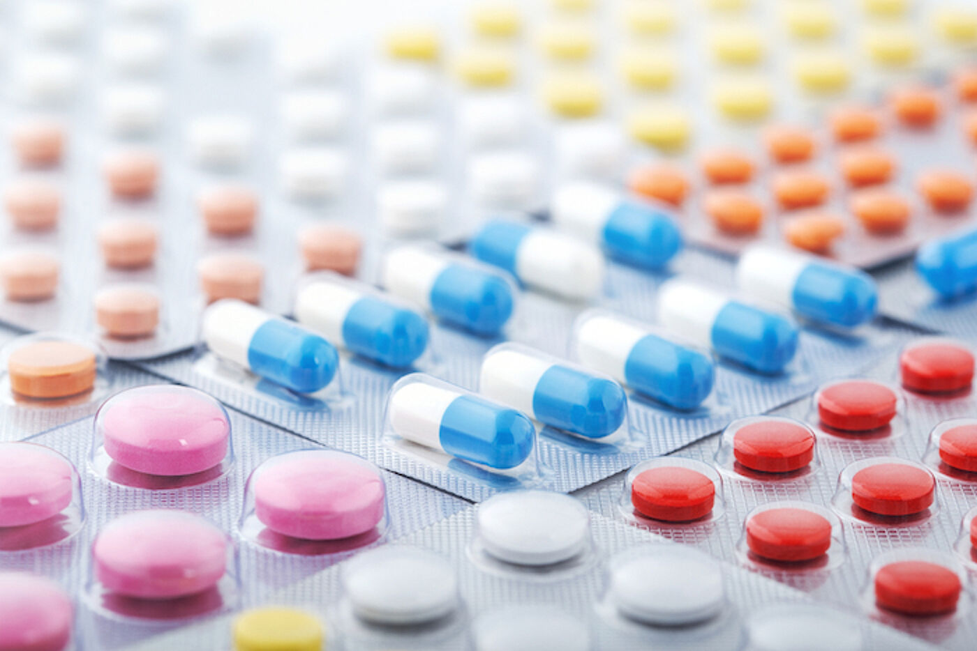 Various medical pills in different colours and shapes