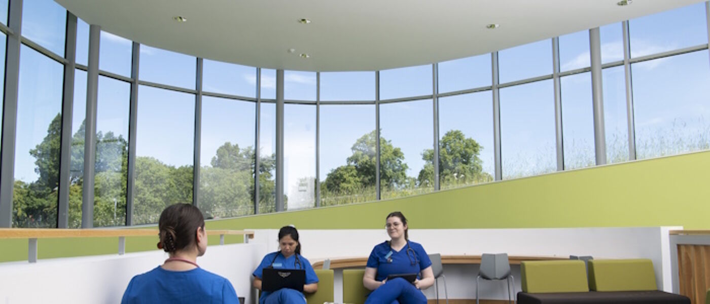 Student nurses sitting under the main window in the Small Animal Hospital