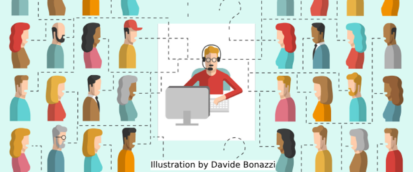 Graphic with characters speaking to an online representative