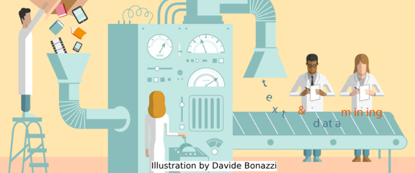 Graphic with characters working on an assembly line with the electronic devices going in and text & data mining coming out