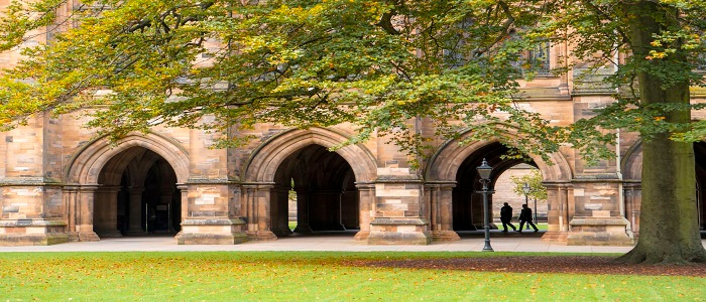 External shot of the university Main Building, looking into the Cloisters