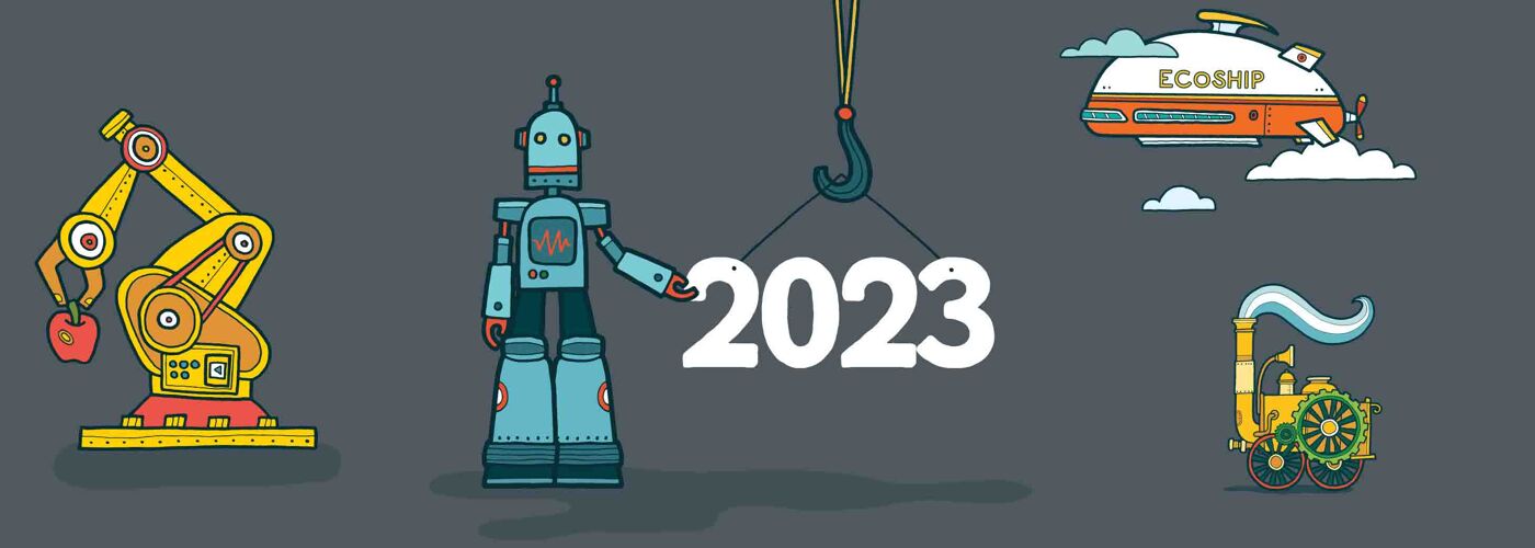 Cartoon image of a robot, two machines and an ecoship surrounding '2023'. 